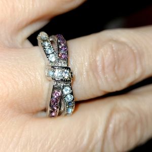 Pink & Clear Crystal Rhinestone Criss-Cross Bow Style Silver-tone Ring Size 8